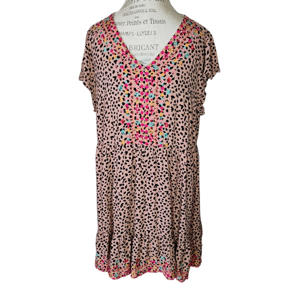 Savanna Jane Embroidered Cheetah Print Babydoll Dress Womens 1X Boho Flowy